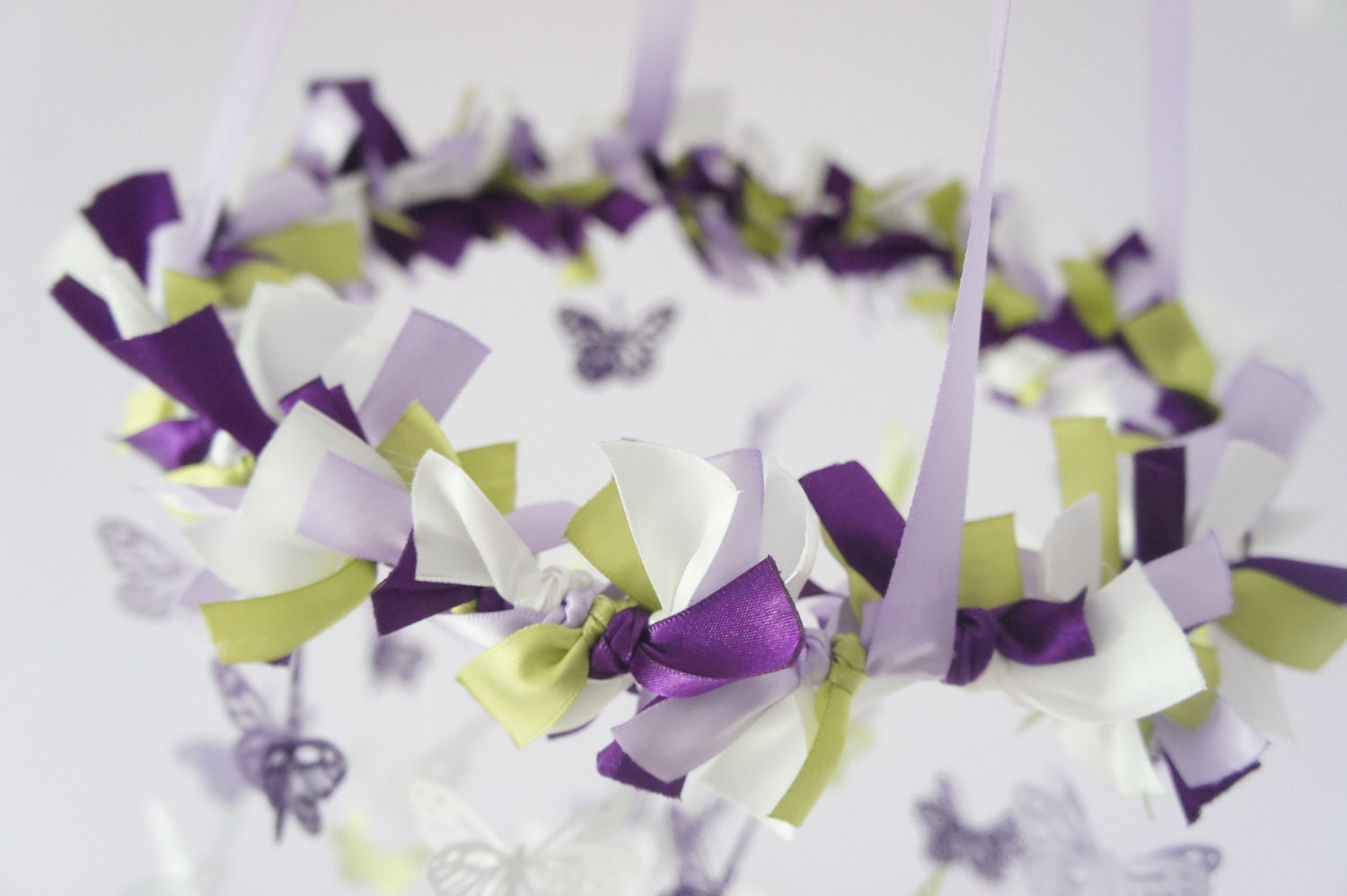 Butterfly Mobile in Purple Lavender Green & White- Photography Prop, Baby Shower Gift