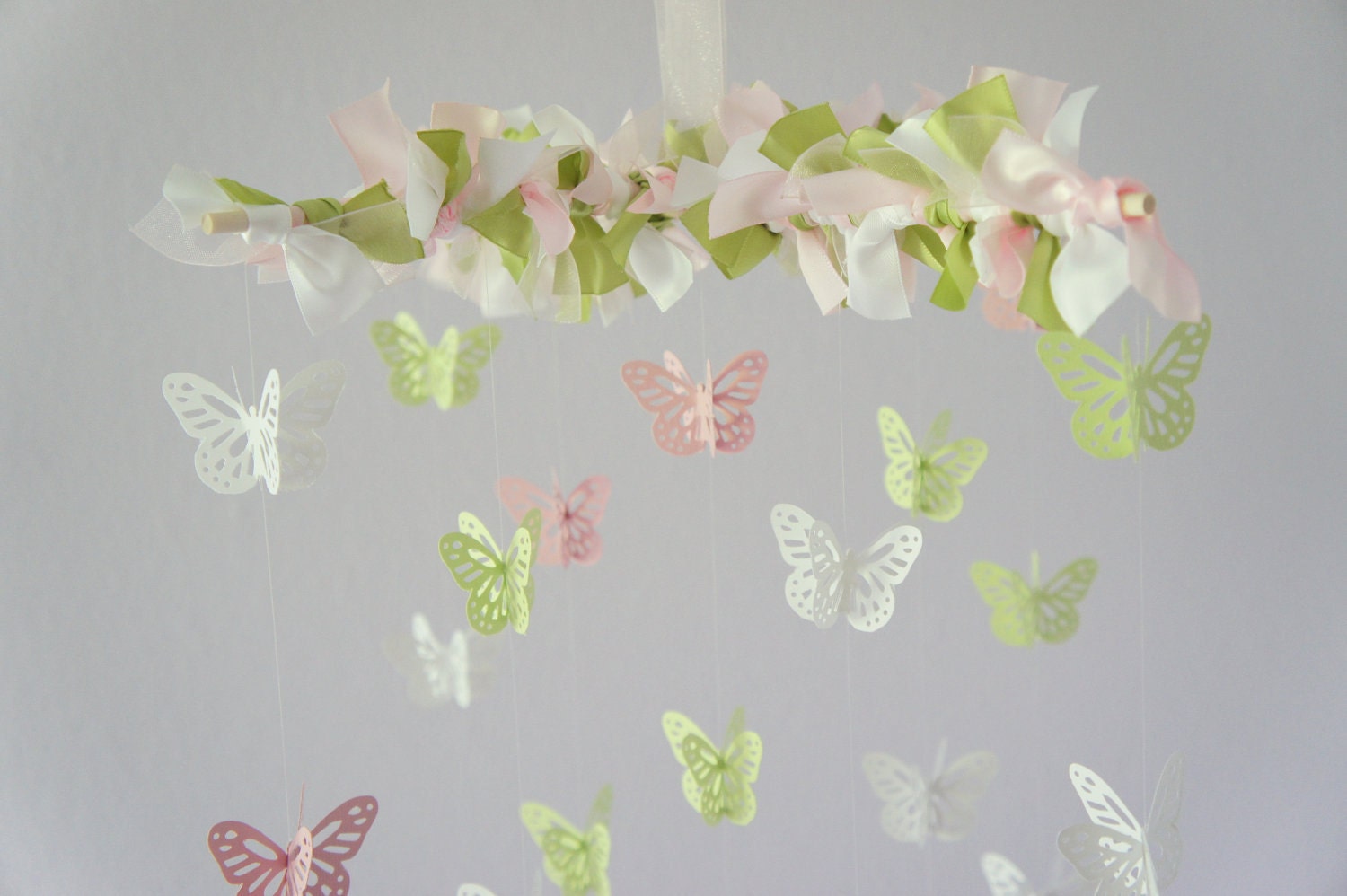 Baby Mobile in Pink, Green, & White- Butterfly Mobile, Baby Shower Gift, Nursery Decor, Photography Prop