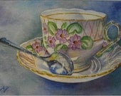 Miss Primrose China Teacup Matted Watercolor Giclee' Print