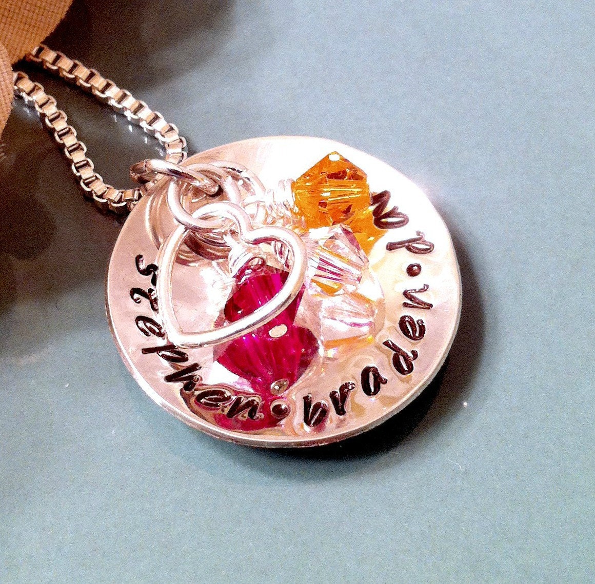 Hand Stamped Mommy Necklace - Personalized Custom Jewelry - Single Disc with Names, Sterling Silver Open Heart Charm & Swarovski Birthstones