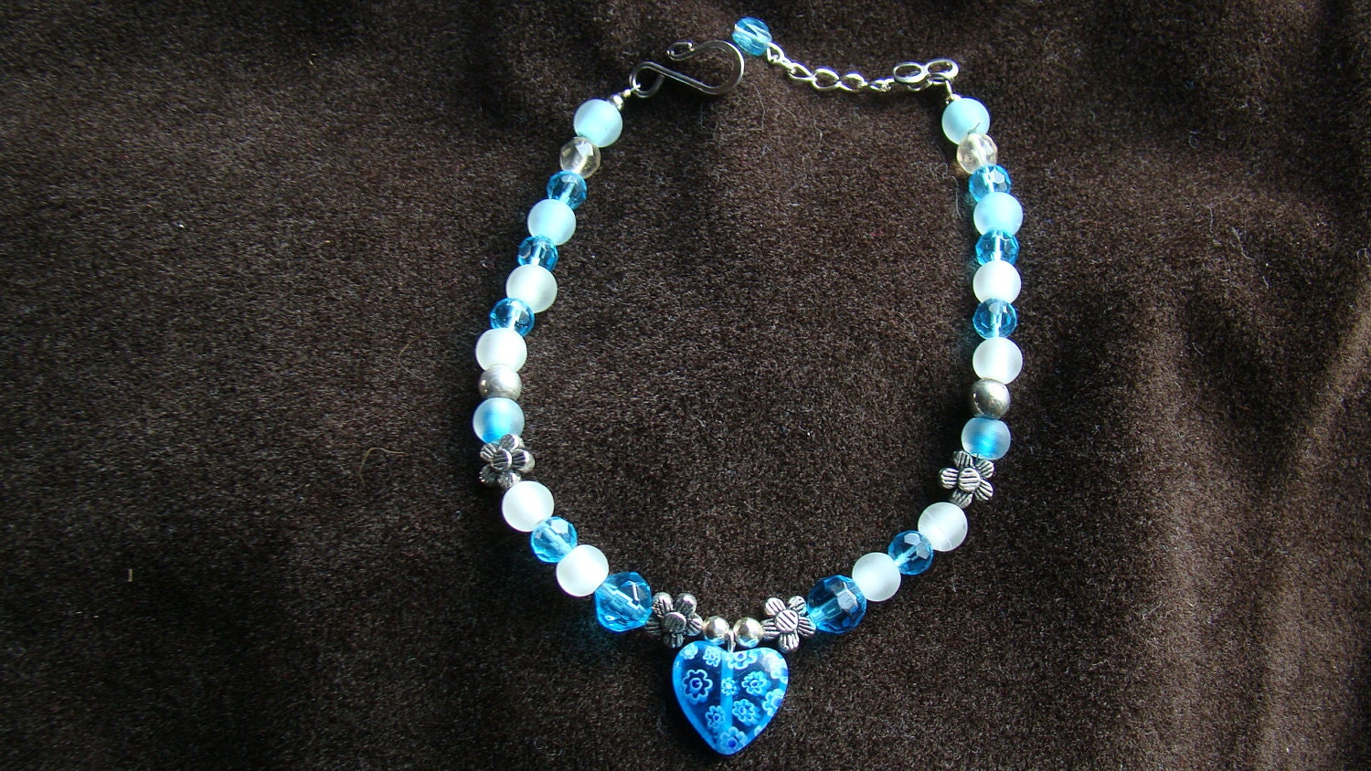 SALE - Anklet or Bracelet in Bright Blue and White - silver accents - Ornate glass heart pendant - 9.5 inch - SALE