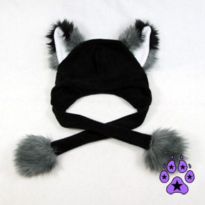 Grey FOX kitsune cat Puffet Hat warm fleece ear flap strap furry goth anime cosplay ski handmade 1383