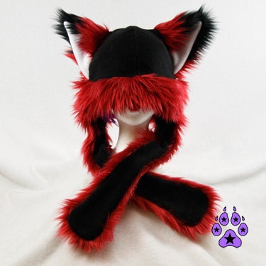 Red FOX kitsune cat Puffet Hat warm fleece ear flap strap furry goth anime cosplay ski handmade snowboard mens womens 1751