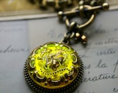 Lemon Yellow, Glass Pendant Necklace, Spectacular brilliant yellow and gold, contemporary styling, vintage inspired, button jewelry