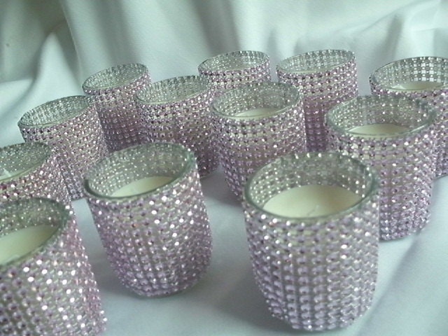 Votives - Set of 12-  Light Pink Mesh Bling Glass Votive Candles