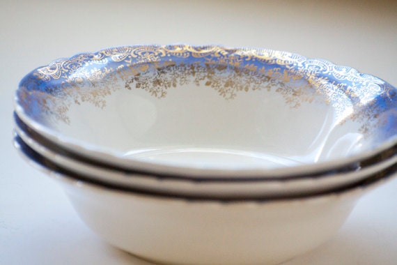 Royal China Inc. The National Brother of Operative Potters 3 Creamy White Bowls with Blue Edge and 22K Gold Edging