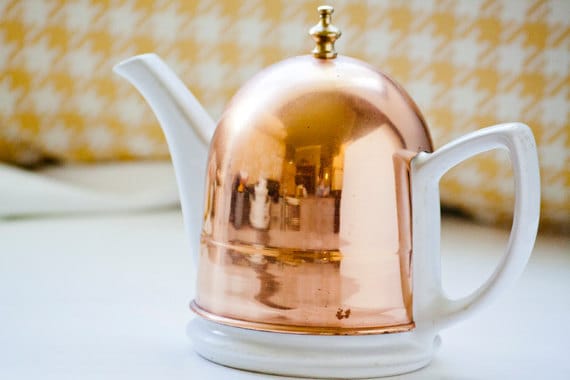 Vintage Porcelain Tea Pot With Copper Cozy Cover Made in Korea