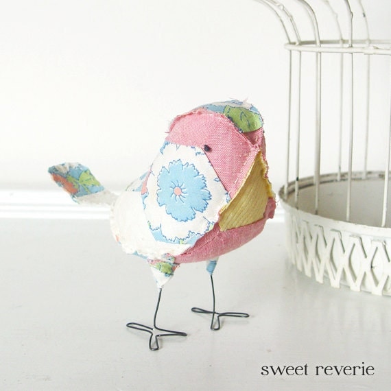 Penny the Soft Sculpture Textile Fabric Bird Softie in Pink Yellow Blue and Green Vintage Quilt