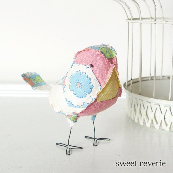 Penny the Soft Sculpture Textile Fabric Bird Softie in Pink Yellow Blue and Green Vintage Quilt