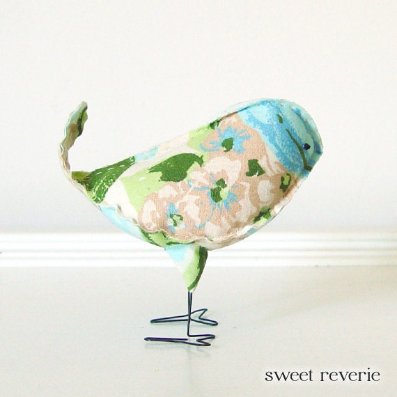 Ramona - Fabric Bird in Vintage Mint Blue Aqua Green and Tan Floral, Wedding Cake Topper Love Bird, Baby Nursery Decor, Flower Garden