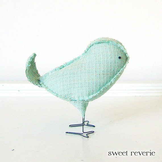 Ida - Fabric Bird in Vintage Mint Green and Tan, Wedding Cake Topper Love Bird, Baby Nursery Decor, Soft Sculpture - Made to Order