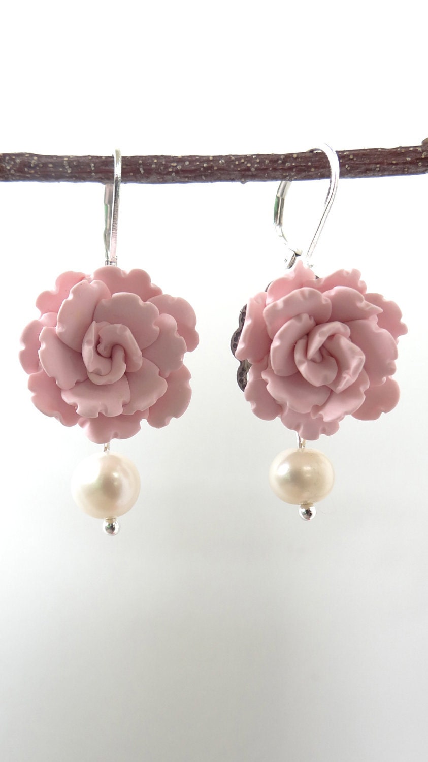 Soft Pink Peony Earrings, Hand sculpted Flower, Dangle Earrings, Flower Earrings, Bridal Earrings