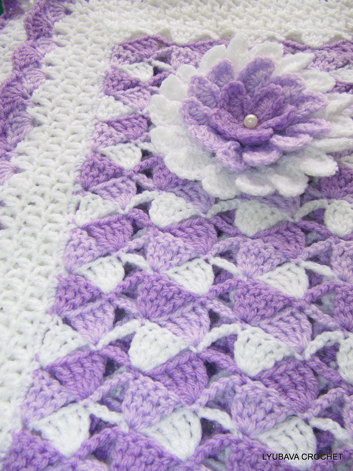 Tutorial Crochet Patterns PDF Beautiful Lilac White Baby Blanket With Aster Flower, Instant Download Lyubava Crochet Patterns number 23, 21