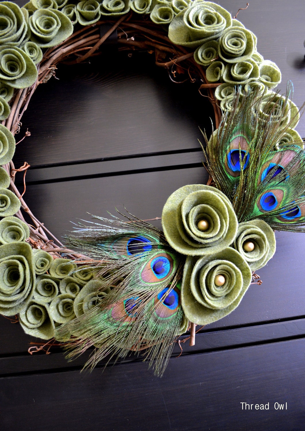 Natural Felt Flower Peacock Wreath for Spring