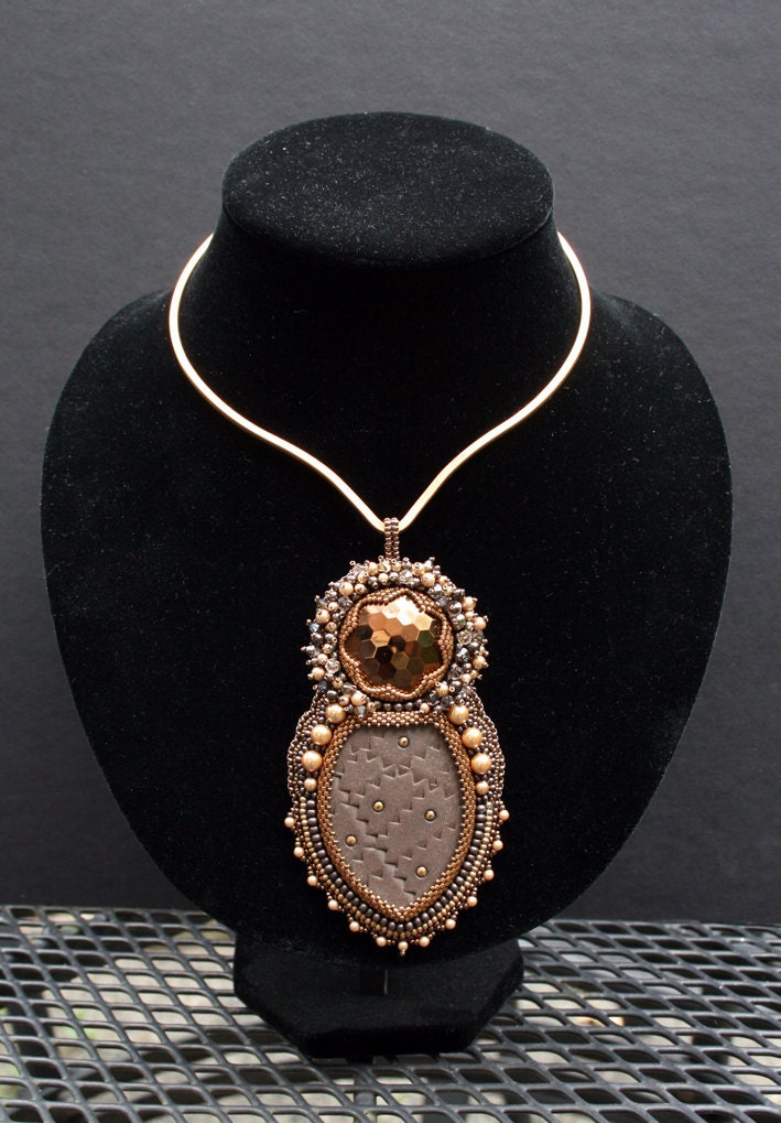 Bead embroidered necklace in brown, gold and copper