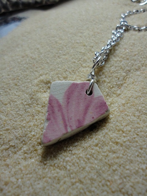Sea glass pottery shard necklace with pink floral design