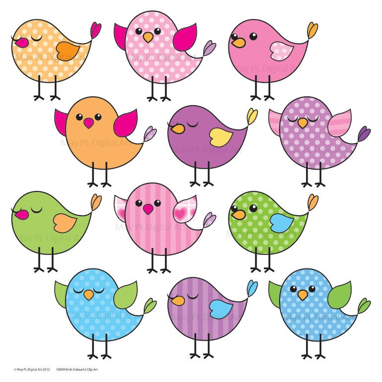 Birds Digital Clip Art Download Bird Clipart Pink Blue Purple Green Tweet Tweet Bird Party Printables DIY Make Your Own Birthday Cards 10059