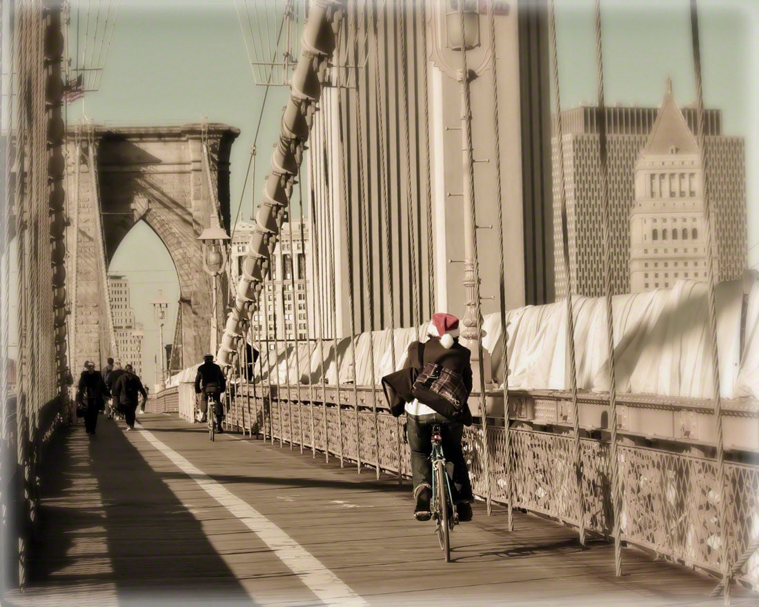Brooklyn Bridge - 8x10 photograph - "Biking Santa" - fine art print - vintage style photography - New York City - bicycle