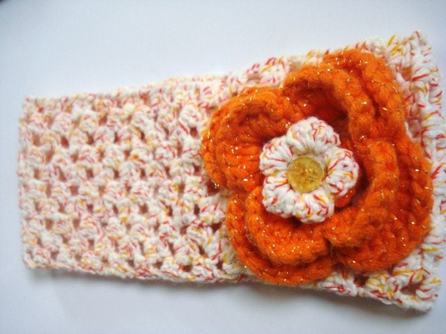 Orange Hand Crocheted Headband Earwarmer with Flower, Women accessories, warm, handmade gift.
