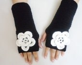 Valentines day gifts, Black, Fingerless gloves, with white flower, hand crochet acrilic gloves, holiday gifts