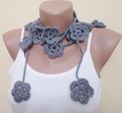 Handmade lariat scarf, flowers. new fashion, grey lariat. mom gifts, scarf, scarves, lariat scarf