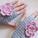 Gloves, Fingerless, Handmade Crochet Fingerless gloves, with pink flower, Women accessories. Grey Gloves, Women accessories