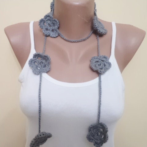 Handmade lariat scarf, flowers. new fashion, grey lariat. mom gifts, scarf, scarves, lariat scarf