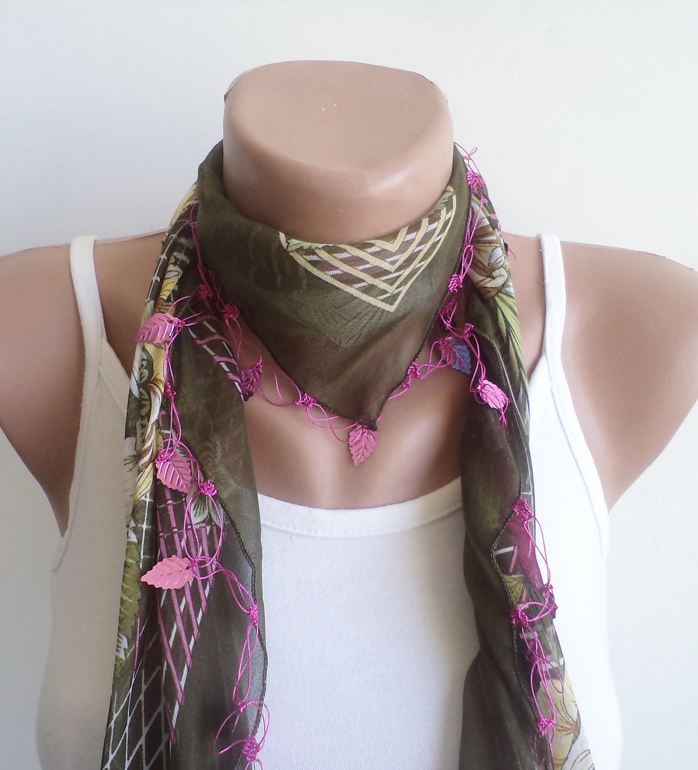 Women scarf, scarves, Scarf, beaded lace, brown, green triangle scarf,stylish accessory ,thin scarf, women fashion