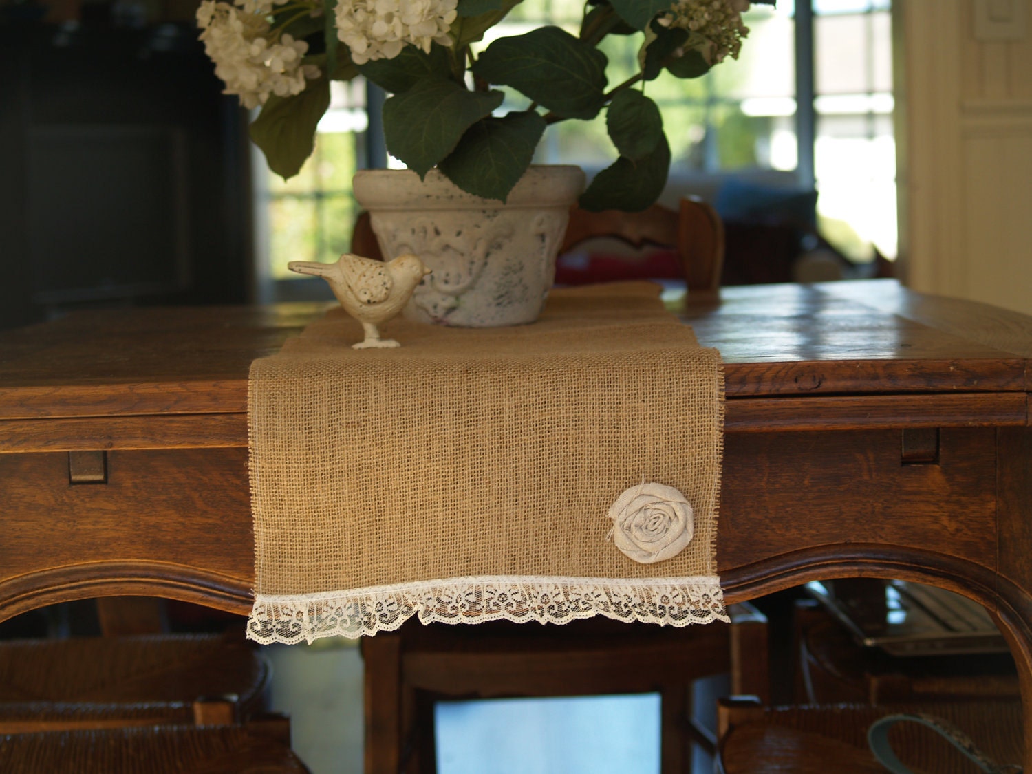Table Runner (14' x 72").  Custom Burlap runner with rosette, Wedding Decoration, shabby chic, cottage, french country
