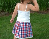 PATRIOTIC PLAID SKIRT for baby or toddler girl: red, white, and blue seersucker with white eyelet trim