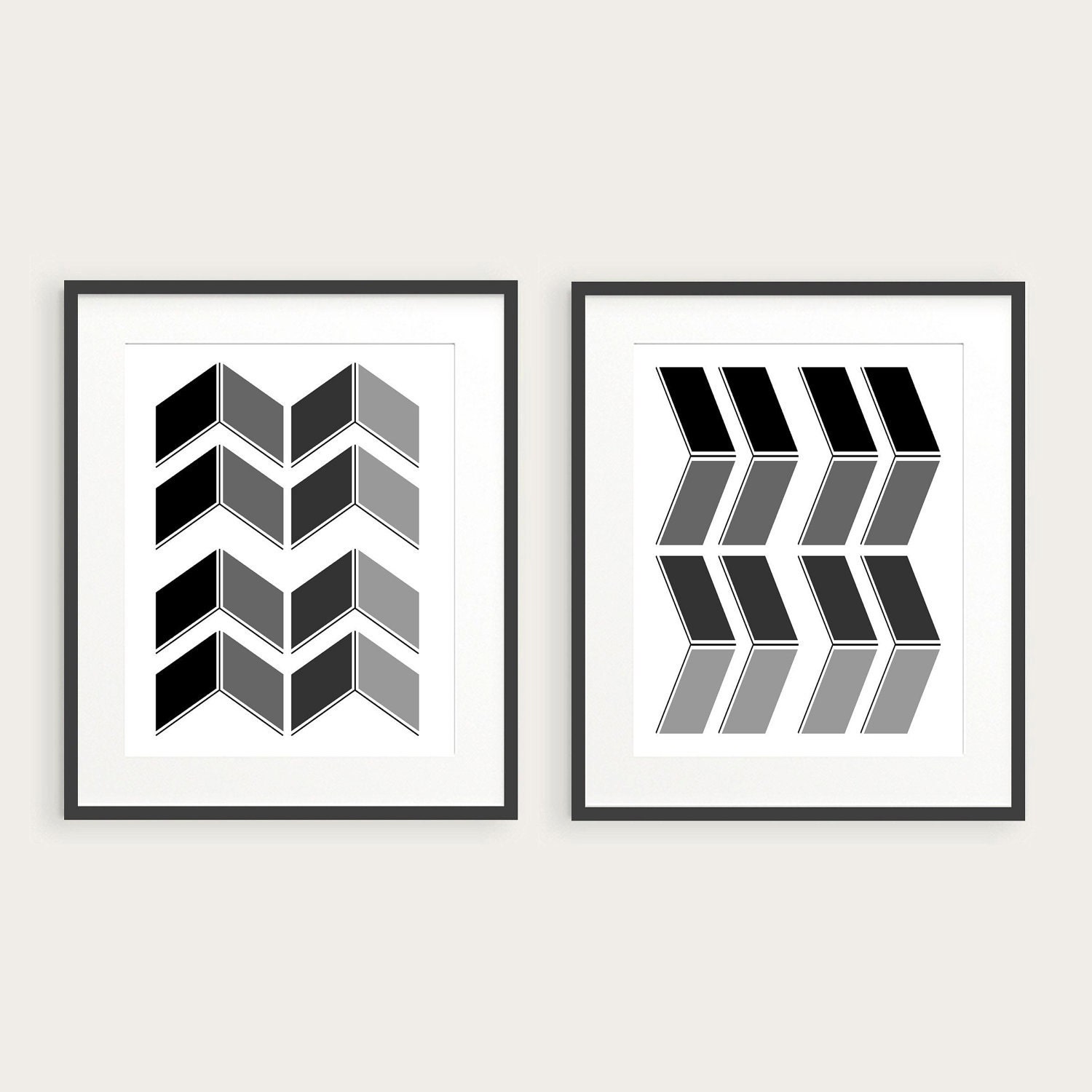 Geometric Art Posters - Monochromatic Set of 2 Black & White Chevron 8x10 Prints