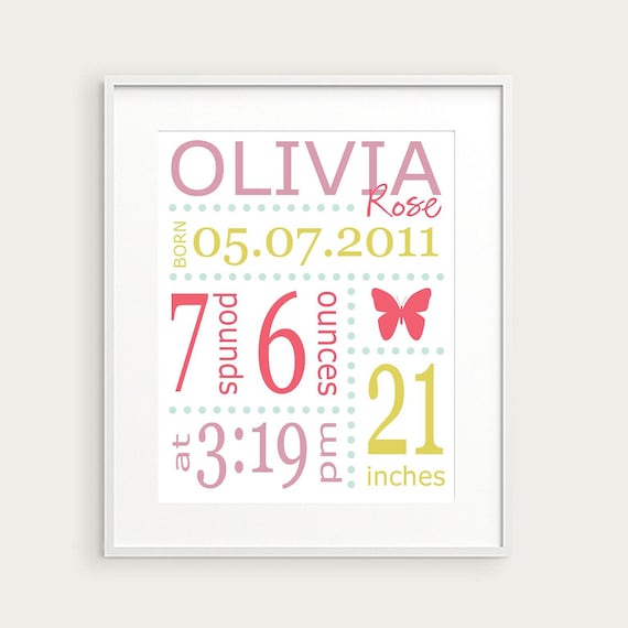 Personalized Girl's Nursery Birth Print, Butterfly, Pink Green Lavender, You Pick Color & Birth Details, Nursery Decor, Baby Gift
