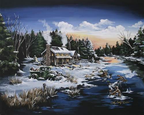 Art note cards, Rustic log cabin, Hunting art, 4 pack with envelopes blank inside