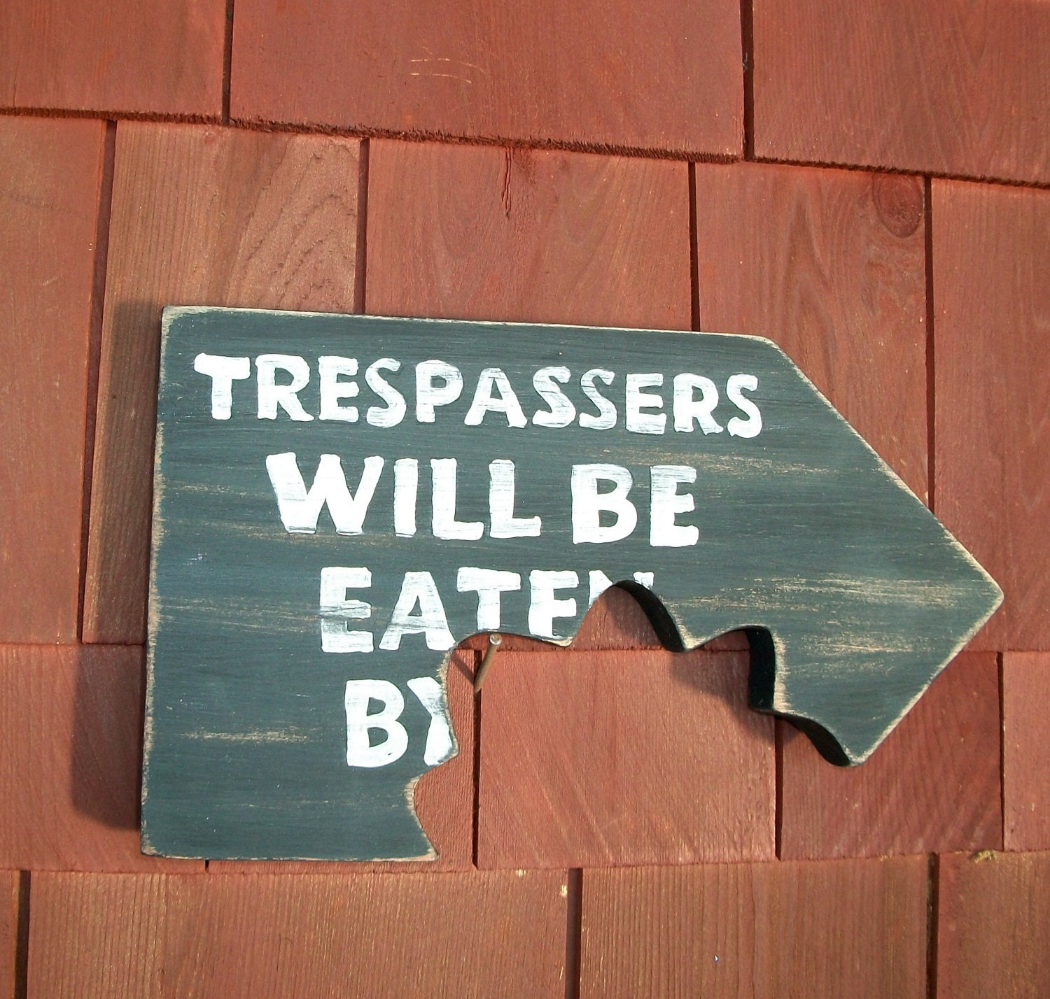 Primitive Decor Folk Art Trespassers Will Be Eaten Beware of Dog Sign Plaque Distressed Wood Chomp Bitemark Pet Gift Handcrafted Black White