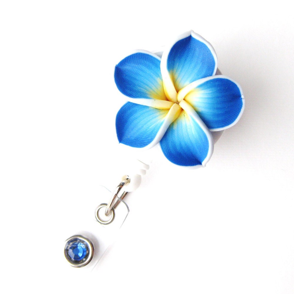 Ocean Blue Plumeria - Retractable Badge Reel - Flower Badge Holders - Designer ID Reel - Nurse Gifts - Pretty Name Badge Clips - BadgeBlooms