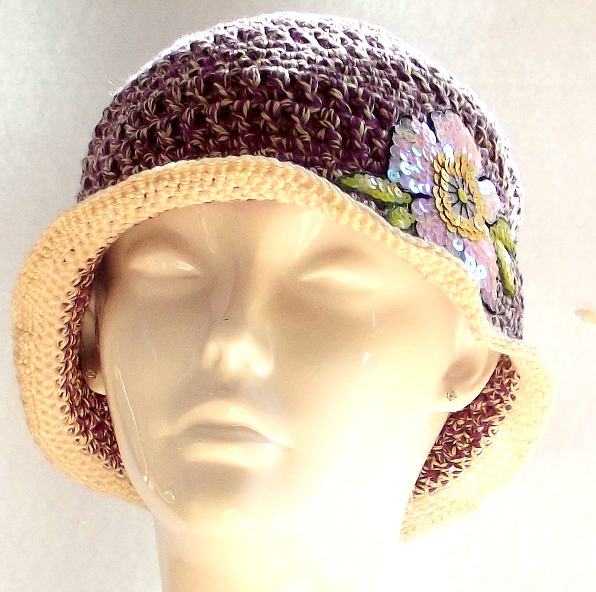 Hat  -  Crochet  Cloche  -  Purple  Cream  -  Flower Appliqué  -  Pima Cotton