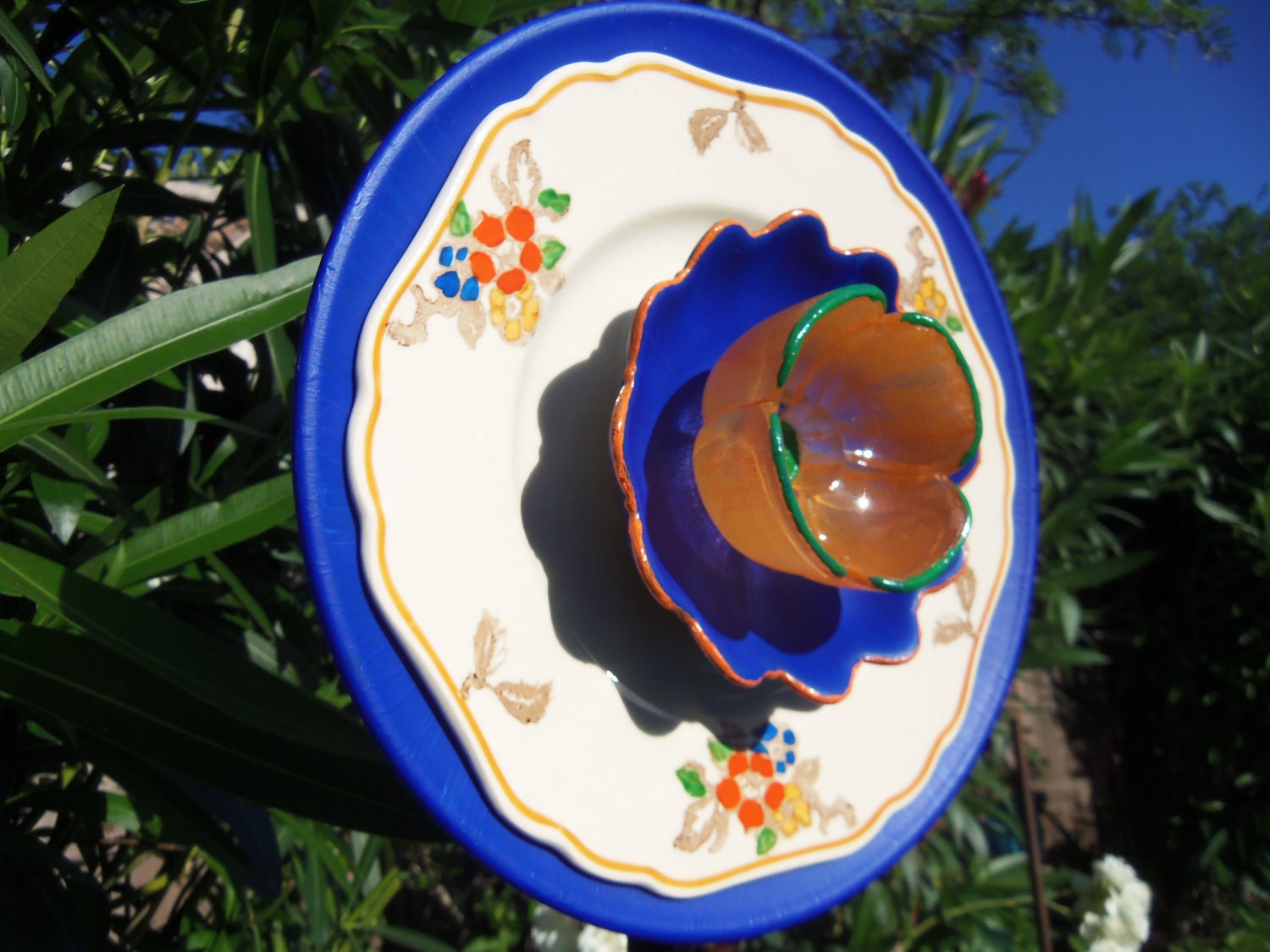 SALE SALE SALE Garden Decor - Glass Flower Garden Art Hand Painted in Blue, Orange and Green - Suncatcher - Lawn Ornament