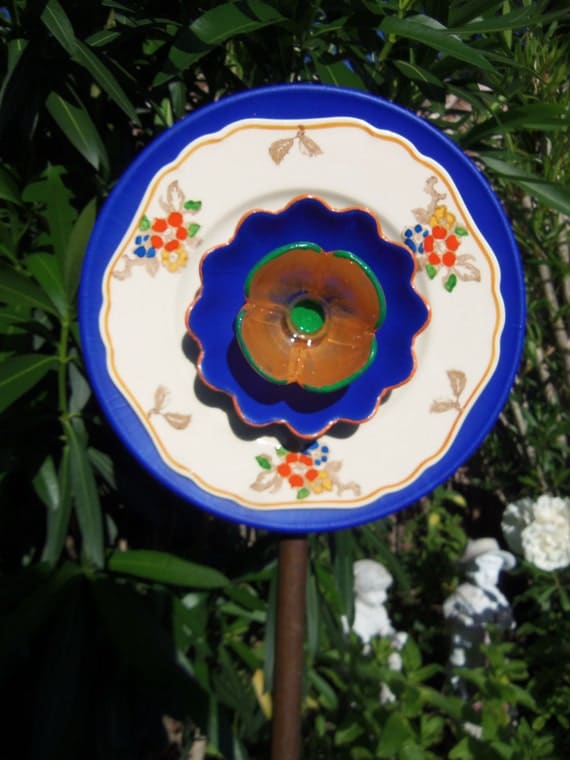 SALE SALE SALE Garden Decor - Glass Flower Garden Art Hand Painted in Blue, Orange and Green - Suncatcher - Lawn Ornament