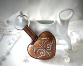 keychain in brown leather, heart shape with embroidery and pearl. Handmade leather keychain - hand embroidered