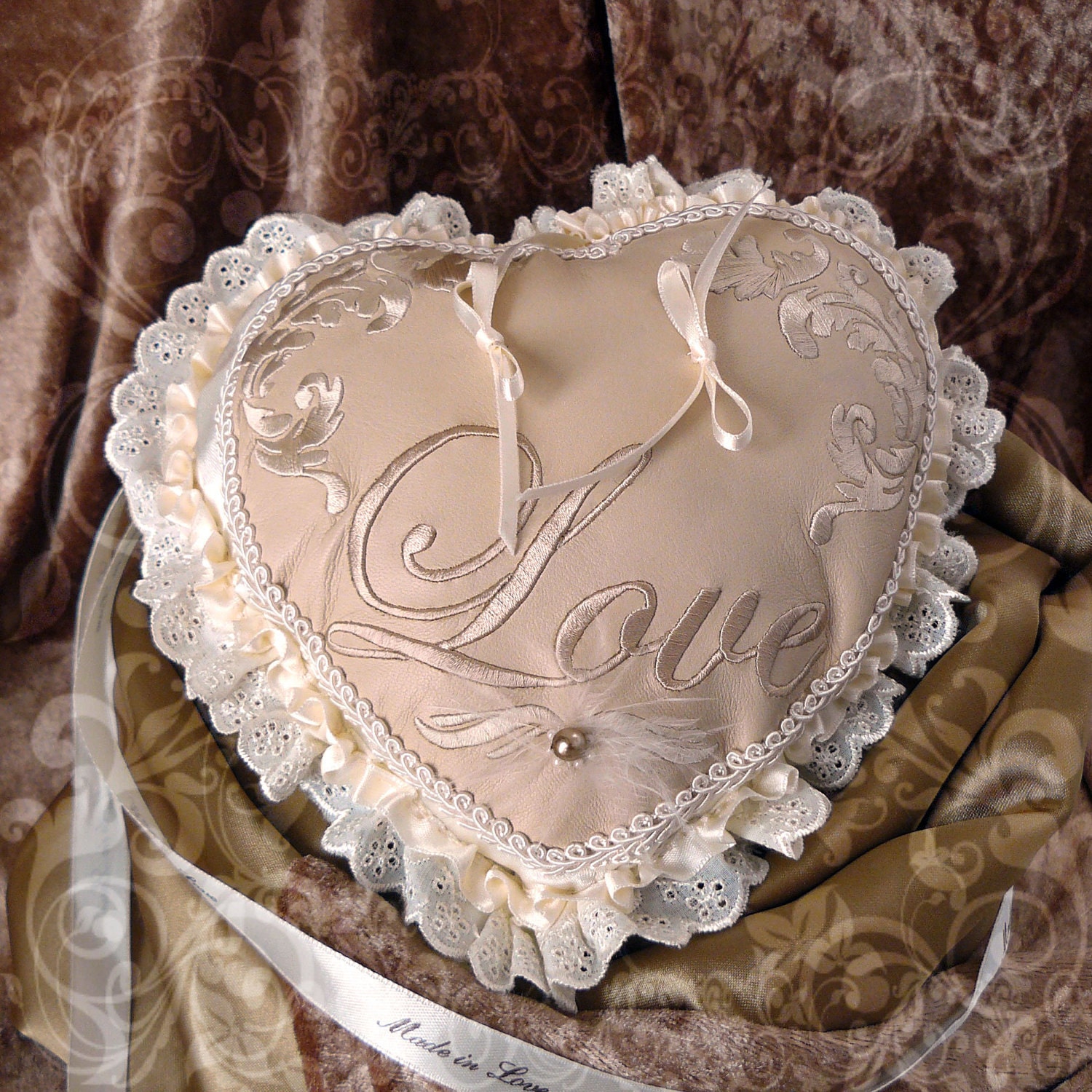 Pillow Wedding Ring Bearer cream and ivory, heart-shaped, cream leather hand embroidered, ribbon, feathers and beads