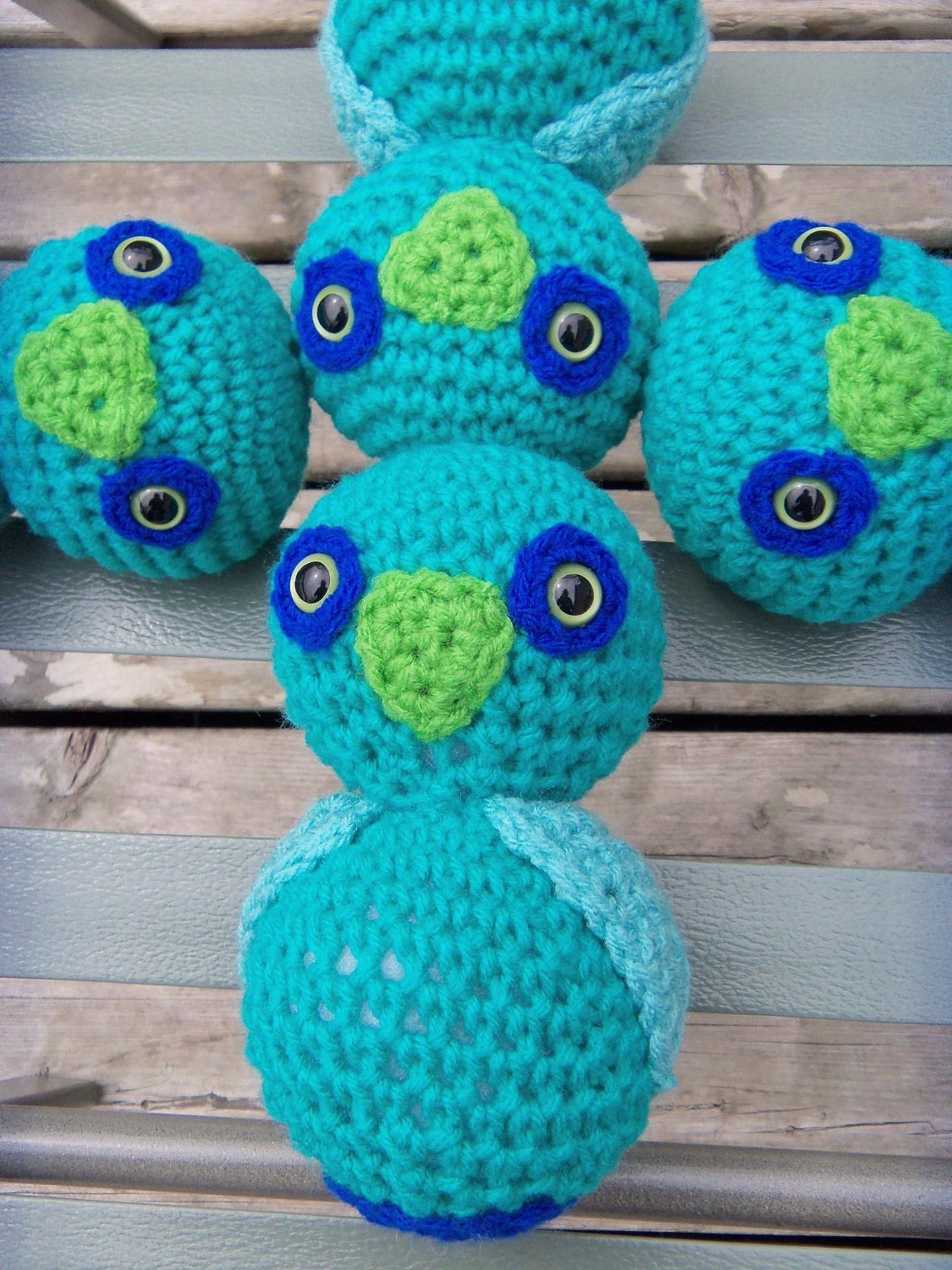 Owl, Blue / Teal / Green Crochet stuffed Baby / children's toy. safety eyes