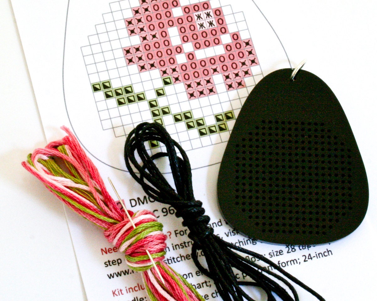 DIY Cross Stitch Necklace Kit - Black Acrylic with Antique Flower Pattern