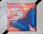 Blue Morpho Butterfly Canvas - Friendship Art -  FREE SHIPPING - Mixed Media Original - Painting - 6x6