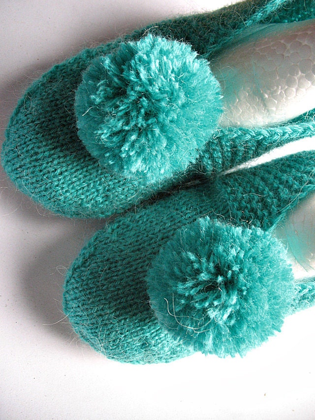 Knit Angora Slippers in Turquoise Soft Cozy Teal Cuddly with Pompon free shipping