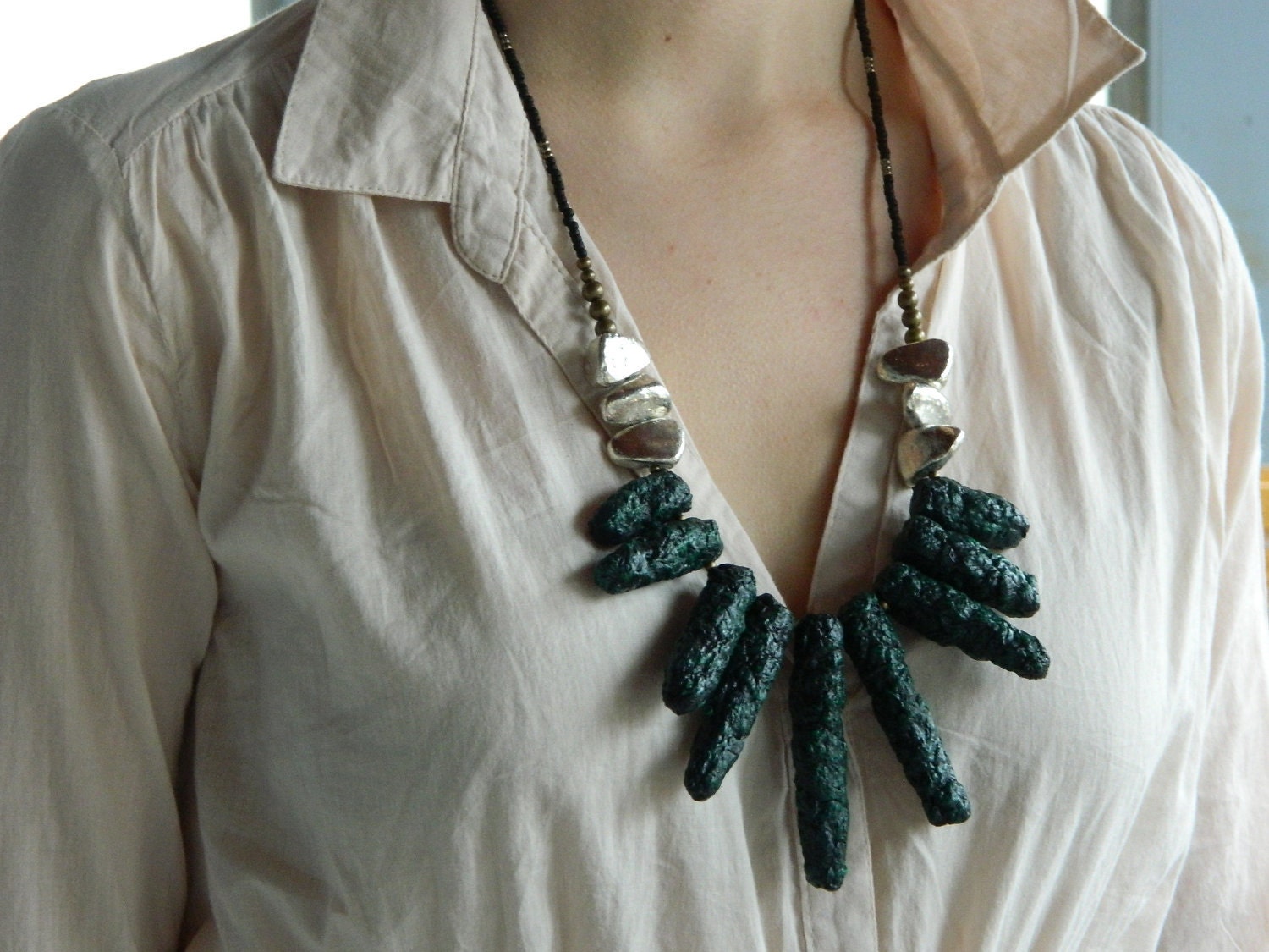 The Fairy Chimneys tribal necklace- in navy/black and green with silver plated rocks,brass beads, black and steel seed beads