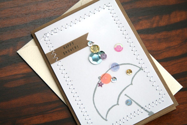 Handmade Bridal Shower Card (or Baby Shower Card) Hand Stamped Umbrella Design