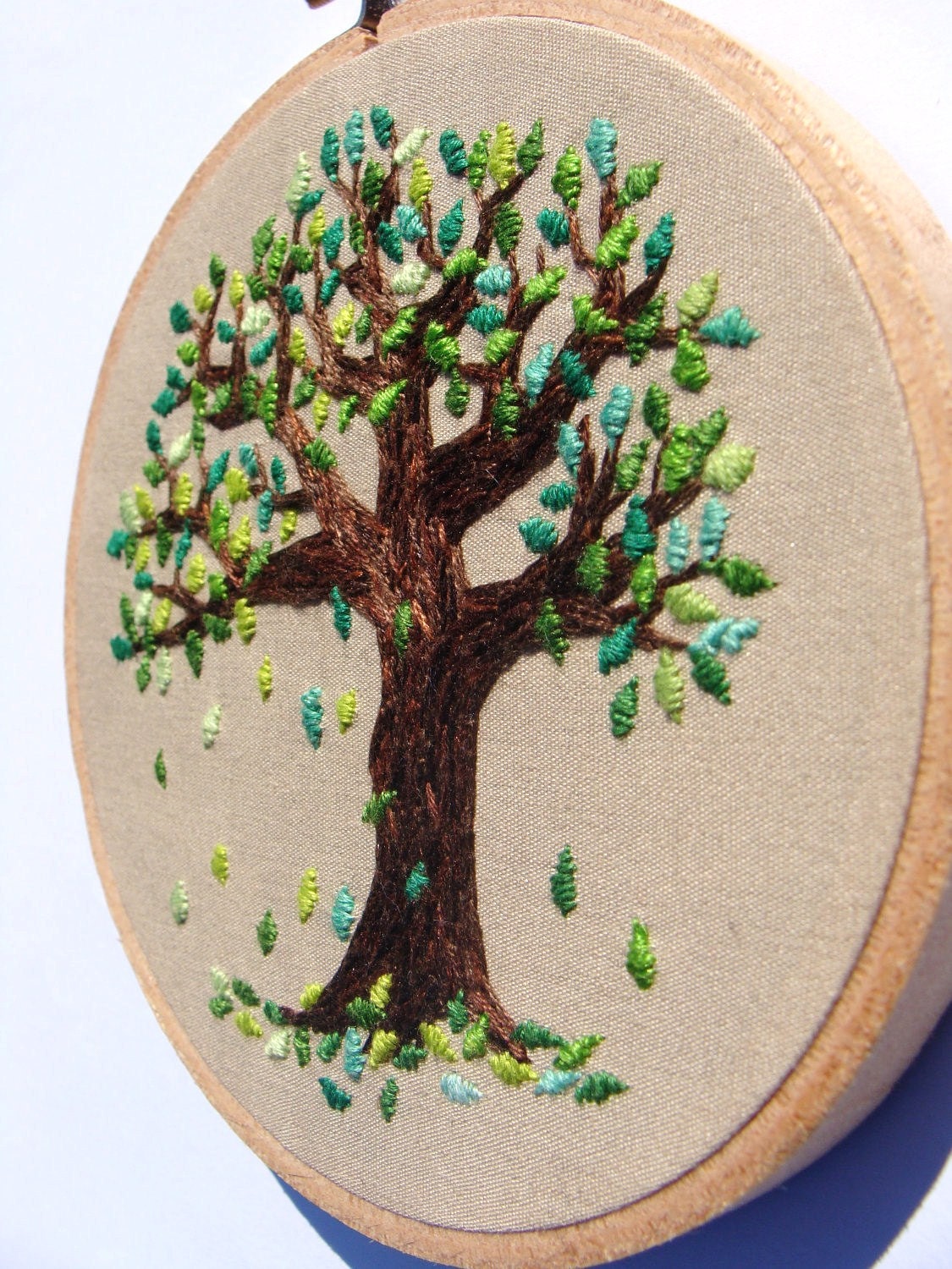 Hand Embroidered Falling Leaves Wall Hanging - 4 inch hoop, nature, great gift, decoration, tree, home decor, custom work available