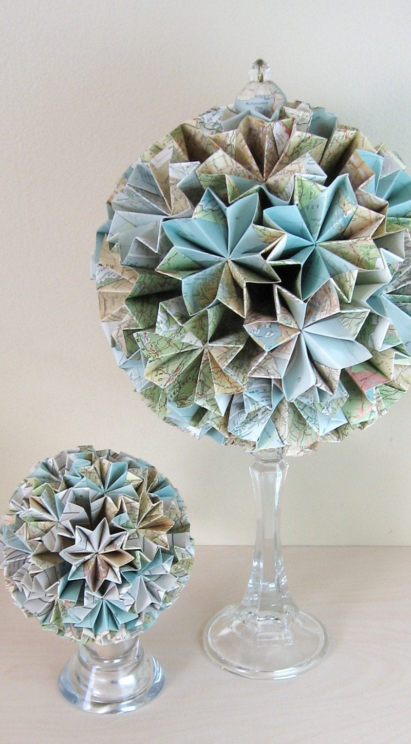 Paper Globe - Large 10 inch Origami Kusudama - Eco Decor - Recycled Map Paper