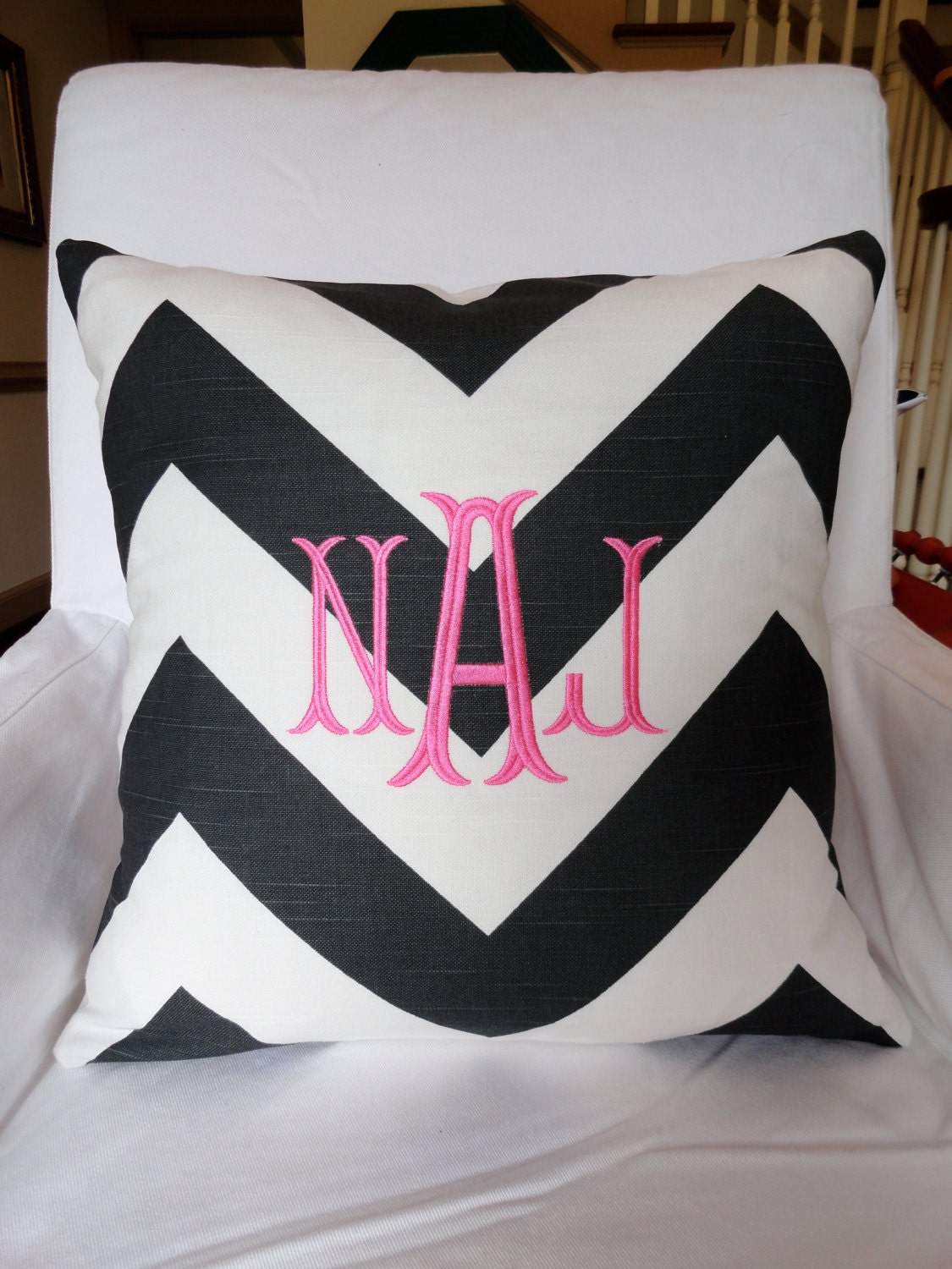 Custom Monogrammed Charcoal and White Chevron Pillow Cover