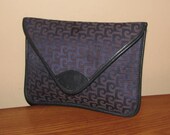 PIERRE CARDIN Monogram Vintage Envelope CLUTCH // 70's 80's Hipster Boho Purse Leather Paris New York Navy